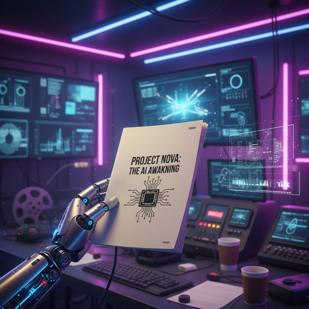 Conceptual photo of a robotic hand holding a film script with pages flipping in a neon-lit editing room, symbolizing AI-driven twist ending movies