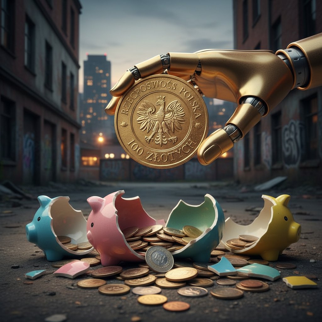Symboliczna ręka robota trzymająca złotą polską monetę na tle rozbitych skarbonek – metafora rewolucji w oszczędzaniu