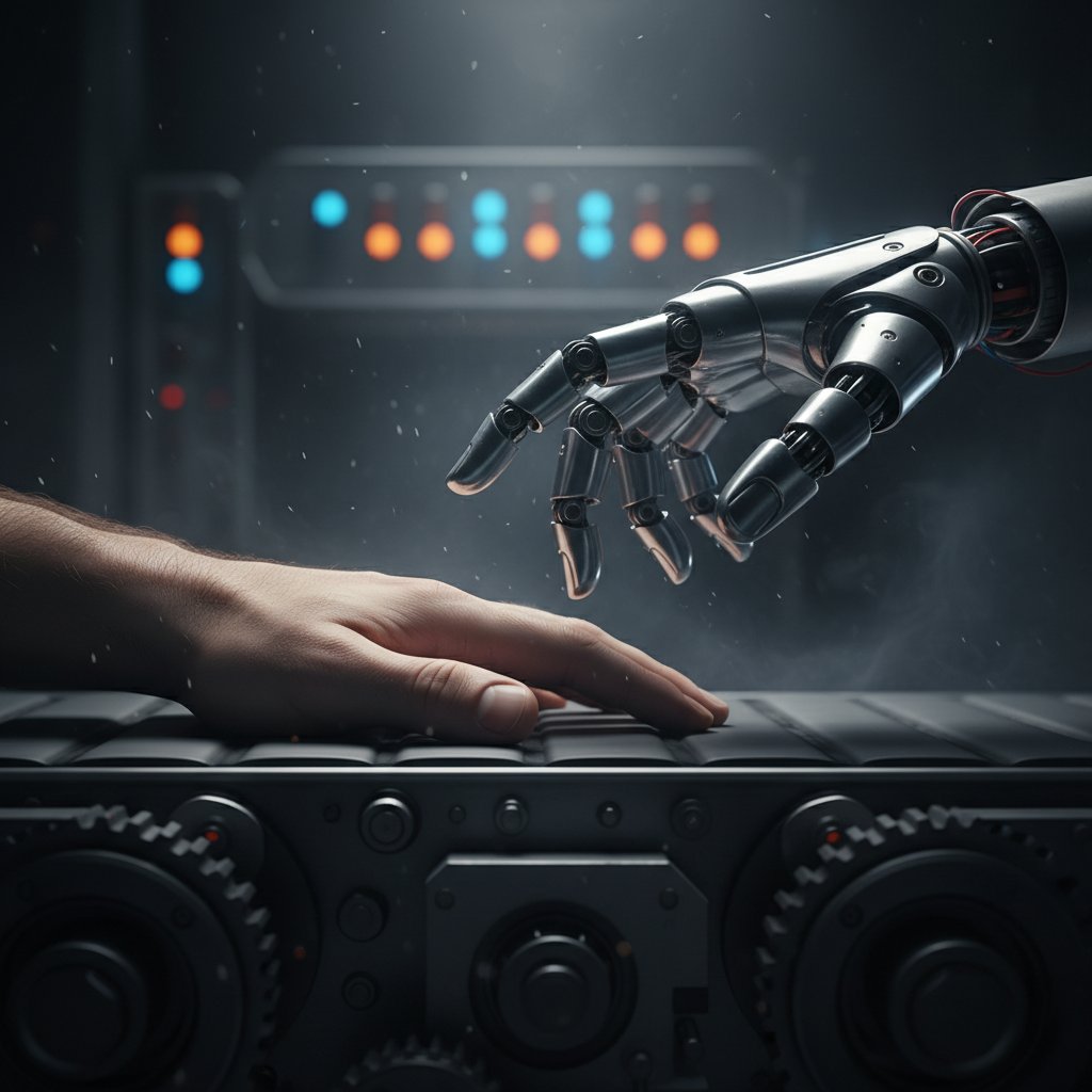 Symboliczne spotkanie człowieka i maszyny na linii produkcyjnej