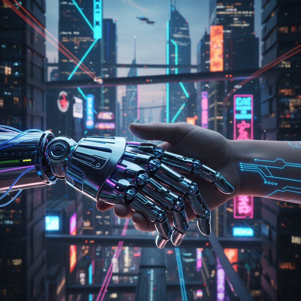 Przyszłość współpracy ludzi i chatbotów w obsłudze opinii – robotyczna dłoń przekazuje pałeczkę ludzkiej dłoni, neonowe miasto