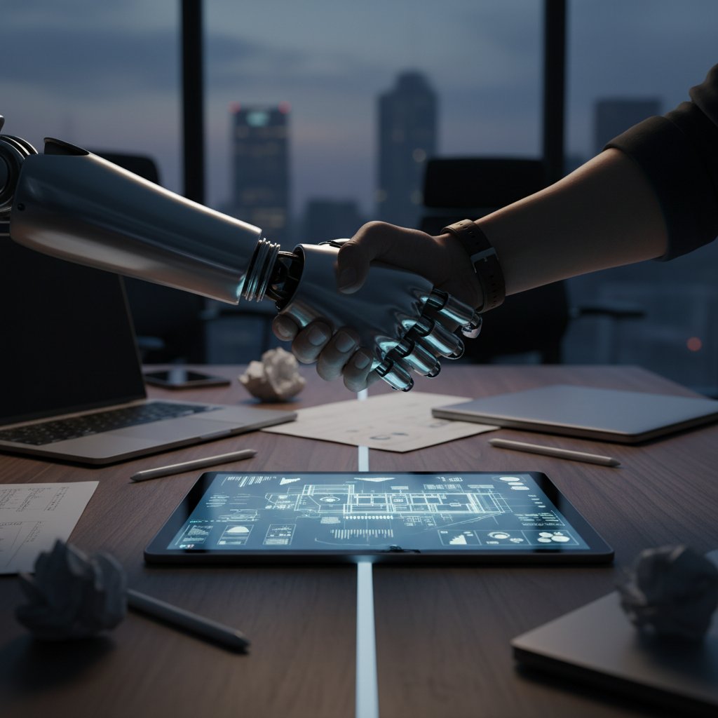 Zbliżenie na dłoń robota ściskającą dłoń człowieka w biurze, napięcie i współpraca – robotyzacja pracy biurowej