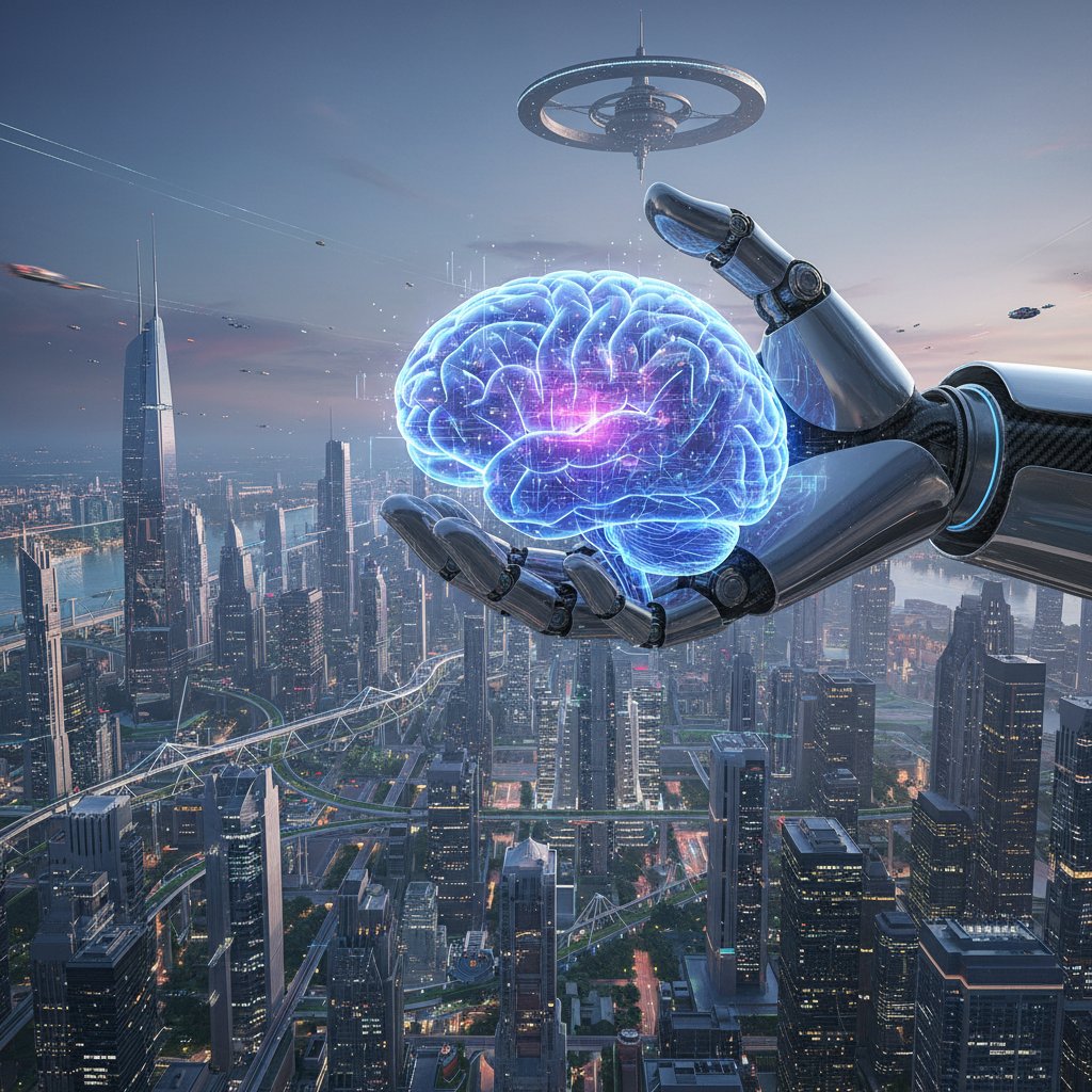 Zdjęcie: Roboticzna dłoń trzymająca przezroczysty ludzki mózg na tle futurystycznego miasta