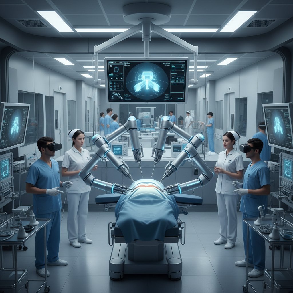 Robot chirurgiczny w akcji podczas operacji w polskim szpitalu, lekarz i pielęgniarki obserwują pracę maszyny