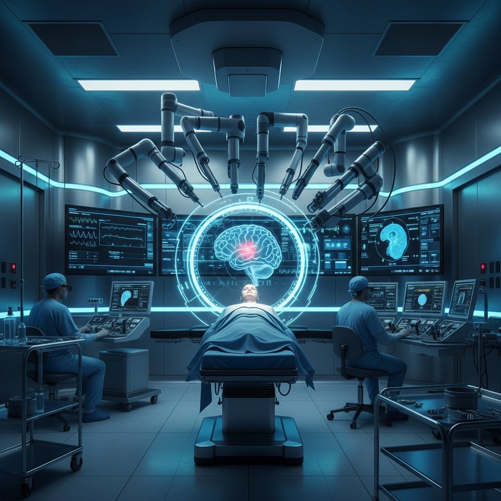 Nowoczesny robot chirurgiczny i ekrany neuronawigacyjne podczas zabiegu