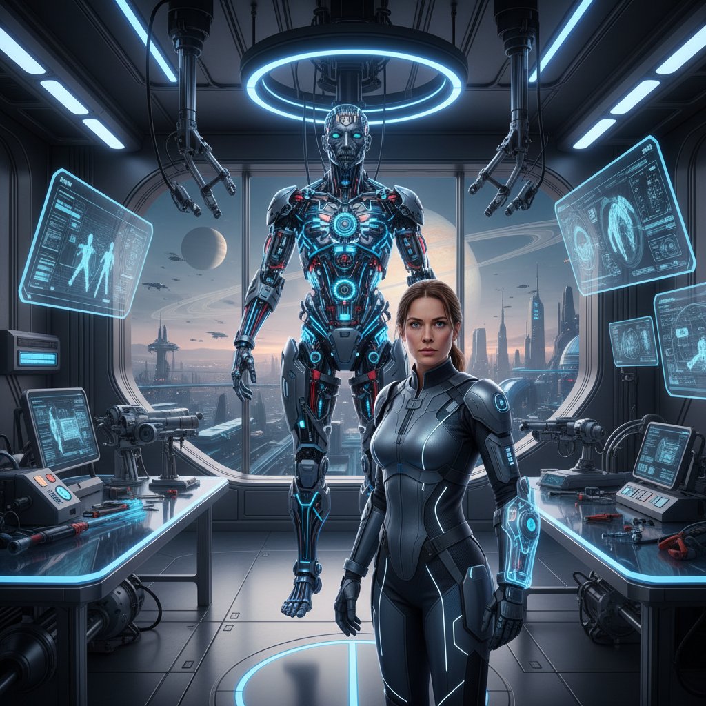 Photo of a robotics engineer inspired by sci-fi movies working in a high-tech lab