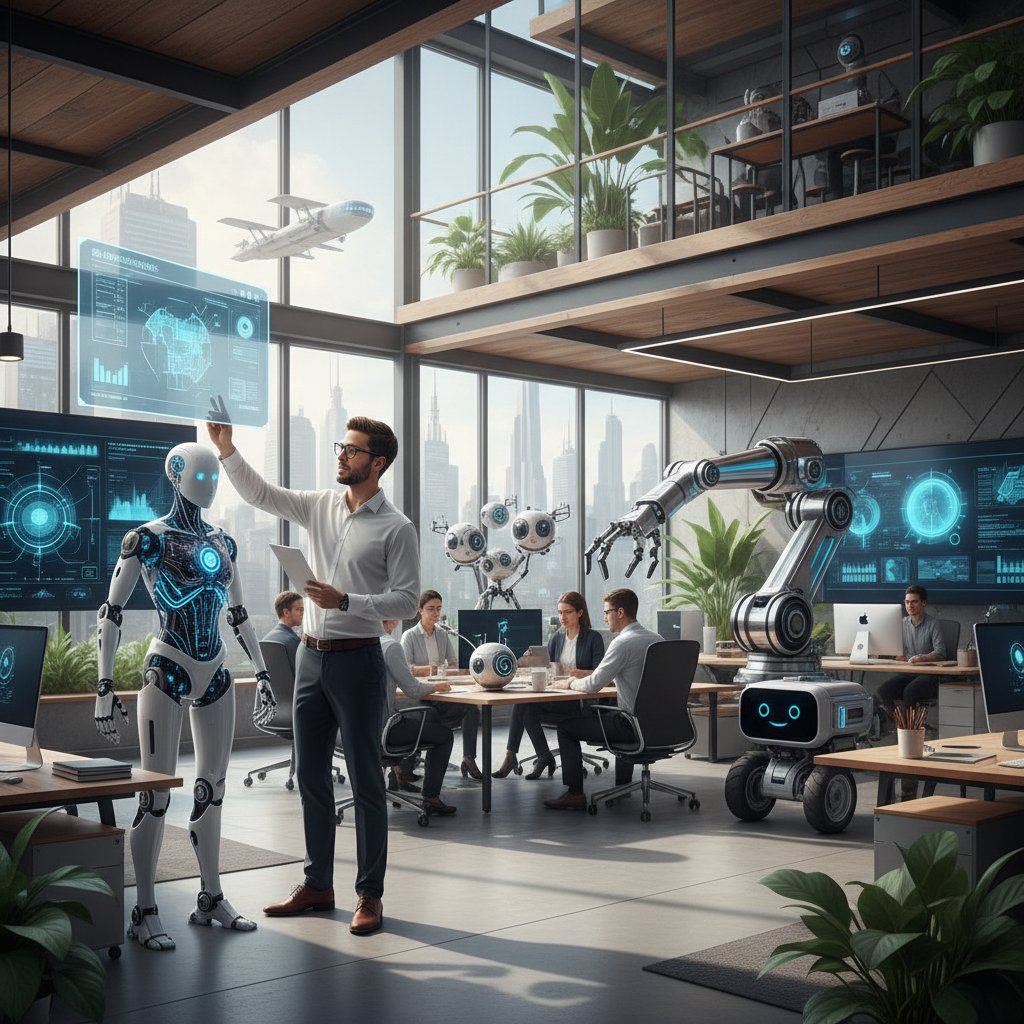 Grupa robotów i ludzi pracujących razem w biurze – świat hybrydowy