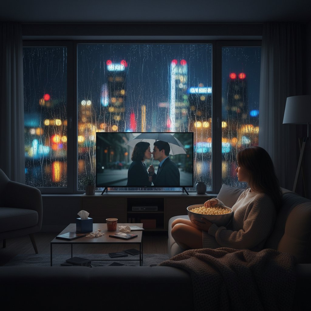 Person finds comfort in romantic comedy movies during a rainy night with popcorn and city lights