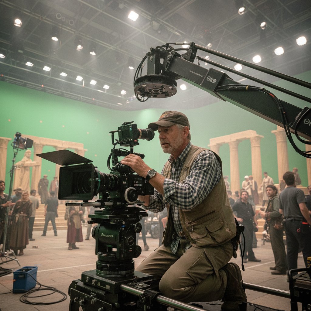 Ron Howard adjusting a camera lens on a large set, focused and technically precise