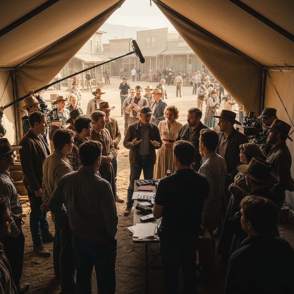 Ron Howard with cast and crew discussing a scene on a bustling set, collaborative Hollywood legacy
