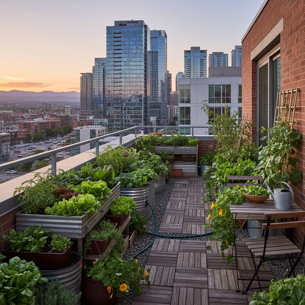 Nowoczesny ogród na dachu z donicami i zielenią jadalną