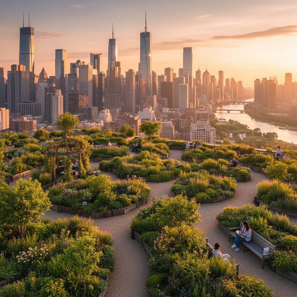 Zielony ogród na dachu, panorama miasta, złota godzina