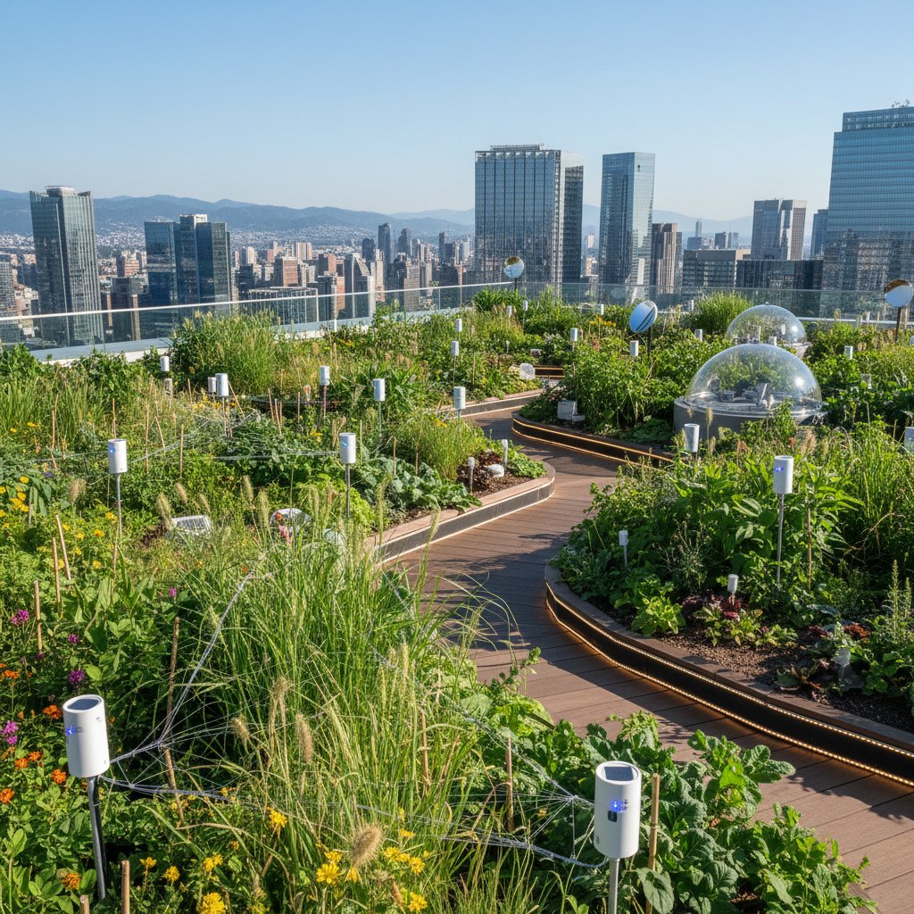 Ogród na dachu z widocznymi czujnikami i bujną zielenią