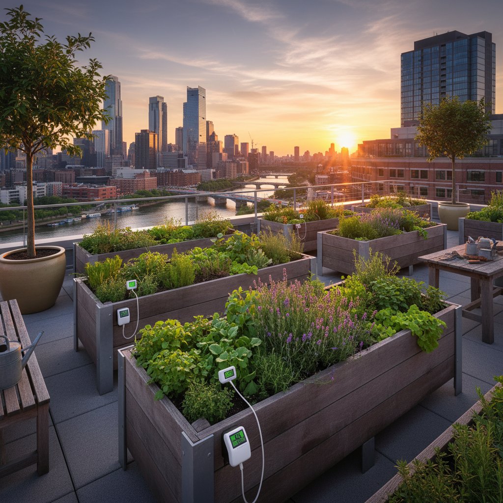 Nowoczesny ogród na dachu z widocznym czujnikiem wilgotności i podlewaniem kropelkowym, panorama miasta