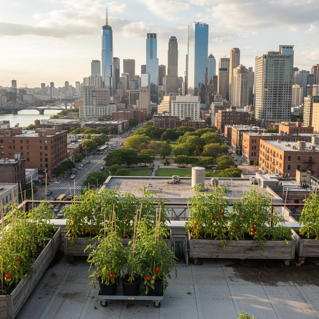 Pomidory na dachu budynku w centrum miasta