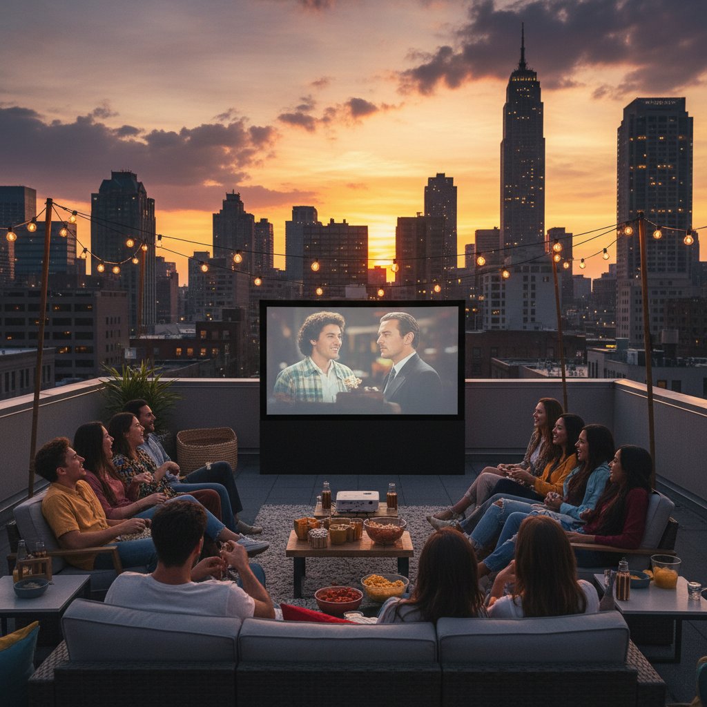 Rooftop movie watch party at sunset, projector setup, friends gathered, unique venue, city skyline