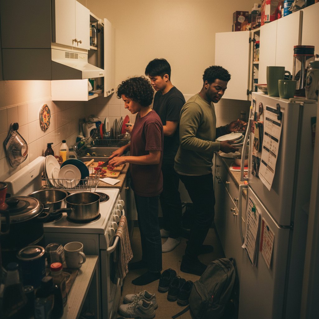 Diverse roommates discussing housing options in a cramped kitchen, both with laptops open, searching for roommate accommodation