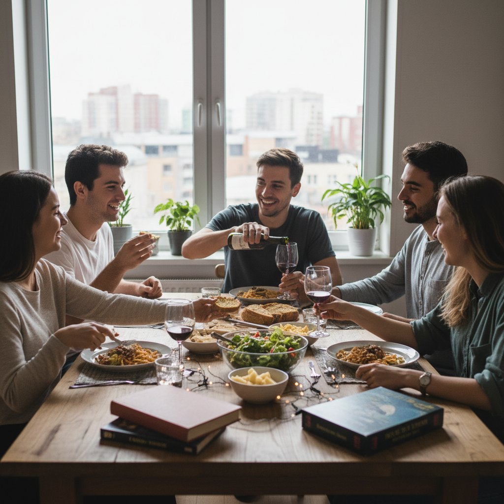 Roommates forging connection over a shared meal at a makeshift dining table, celebrating successful roommate accommodation search