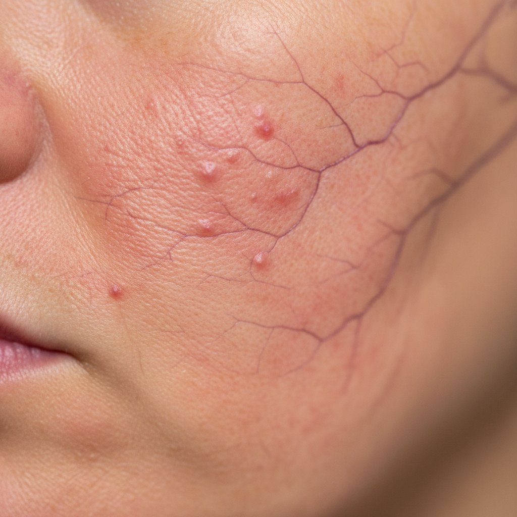 Zbliżenie na policzek dorosłej osoby z widocznymi teleangiektazjami i grudkami charakterystycznymi dla trądziku różowatego