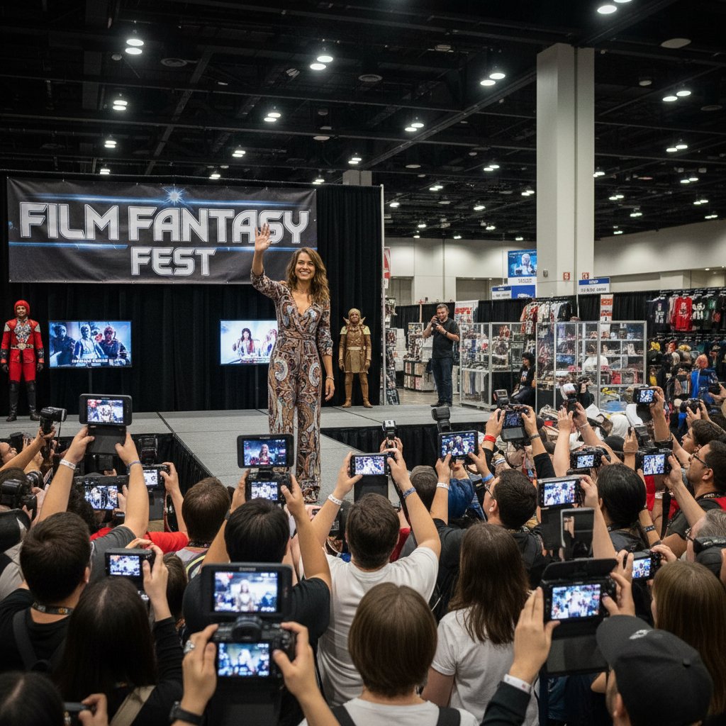 Rosario Dawson with fans at a film convention, lively atmosphere, digital cameras, signing memorabilia