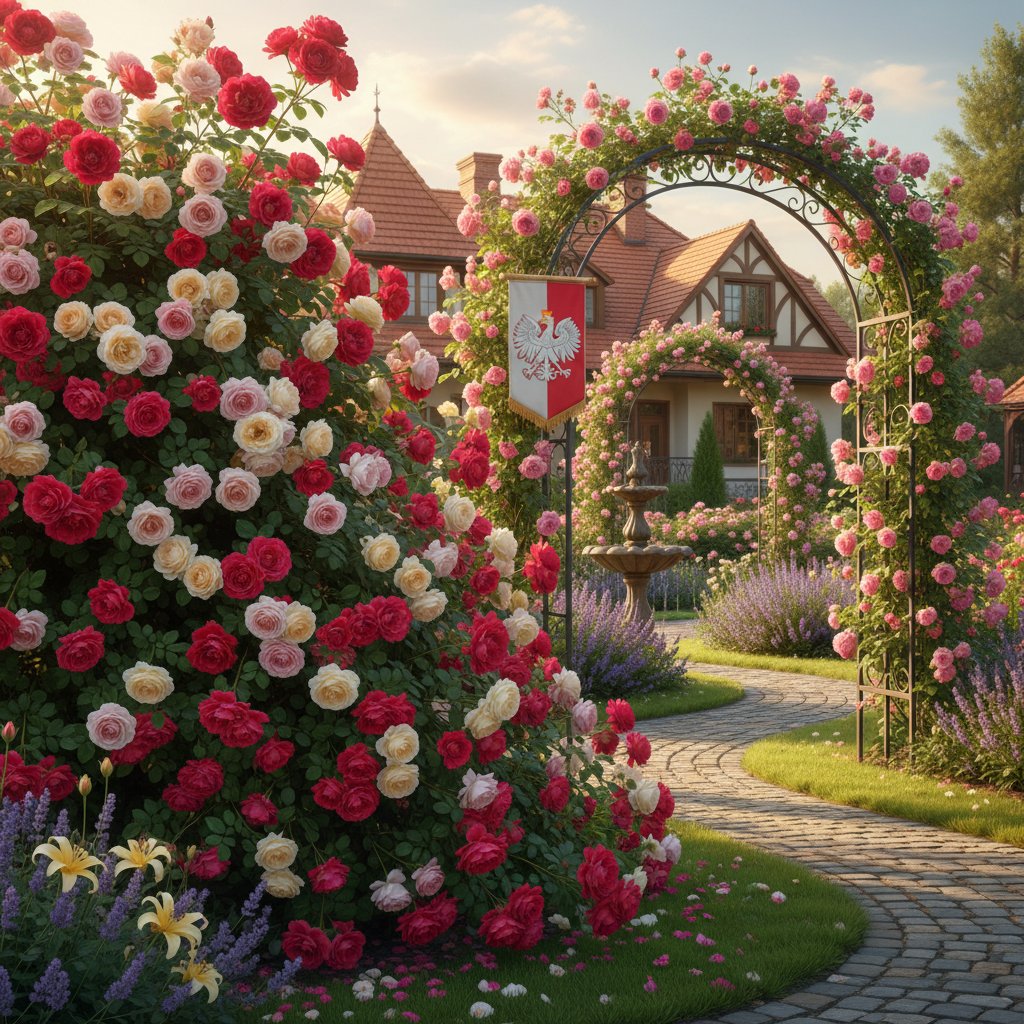 Piękny, kwitnący krzew róży na tle polskiego ogrodu – symbol sukcesu ogrodnika