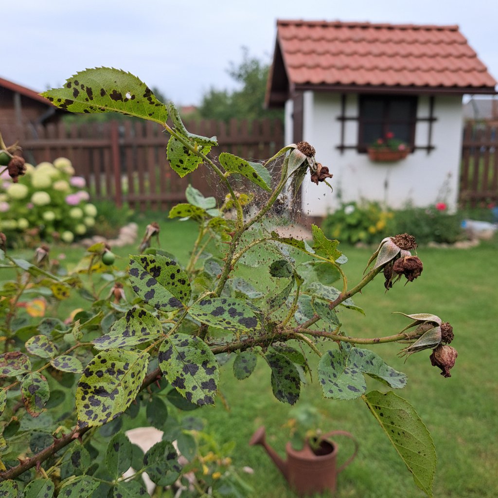 Róże zaatakowane przez choroby i szkodniki w polskim ogrodzie – widoczne uszkodzenia i zwiędnięte kwiaty