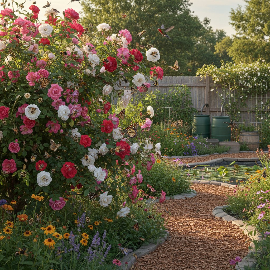 Róża wśród zapylających owadów w ekologicznym ogrodzie