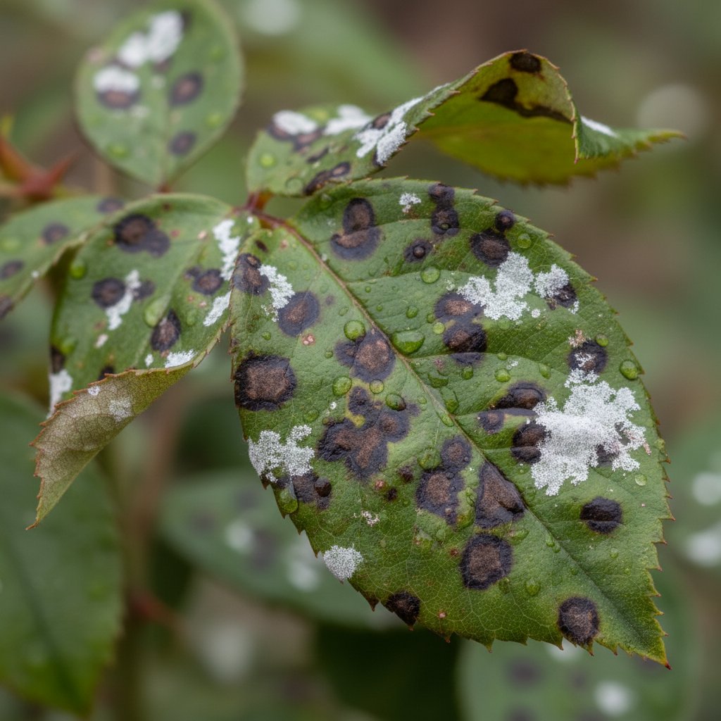 Liście róży mocno porażone czarną plamistością i mączniakiem, zdjęcie makro