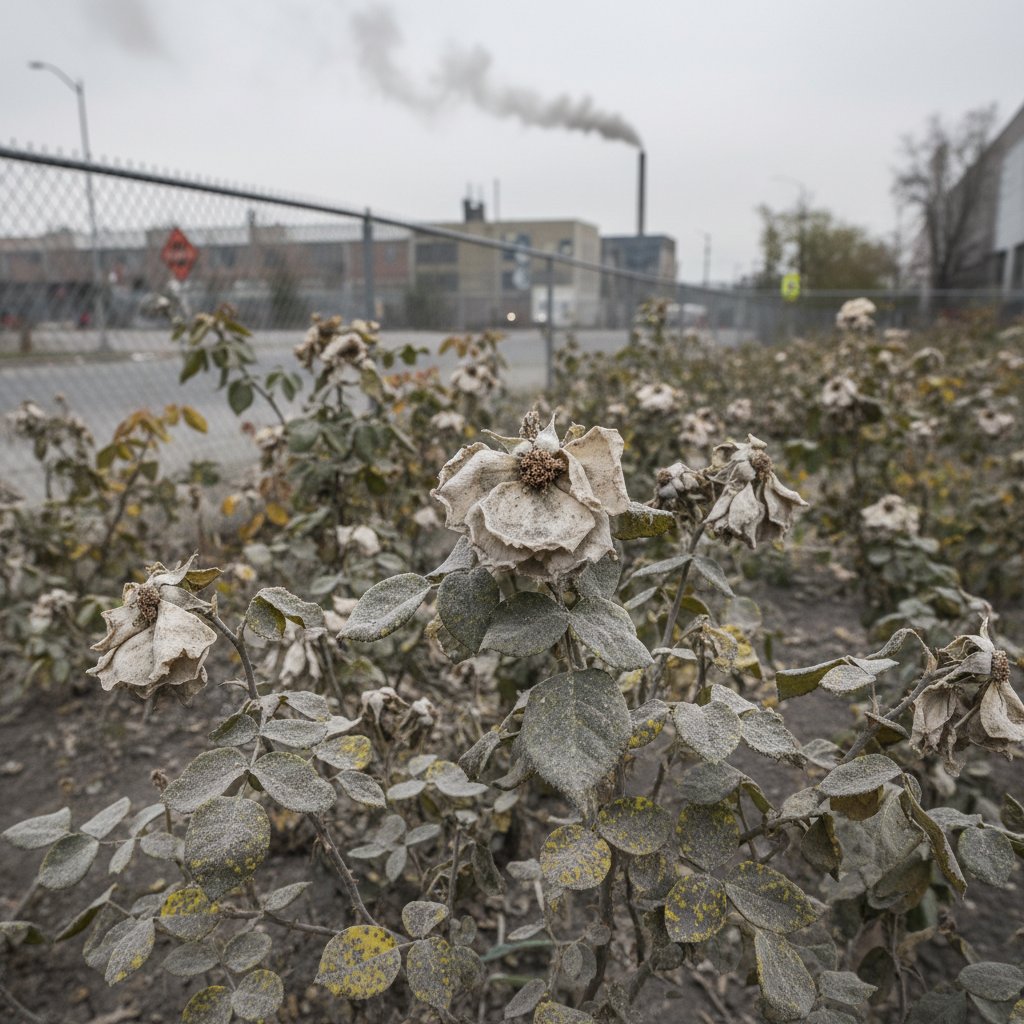 Róże pokryte pyłem i z objawami nowych chorób w miejskim ogrodzie