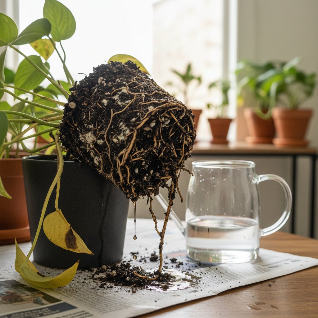 Zbliżenie na zgniłe korzenie rośliny doniczkowej – efekt przelania