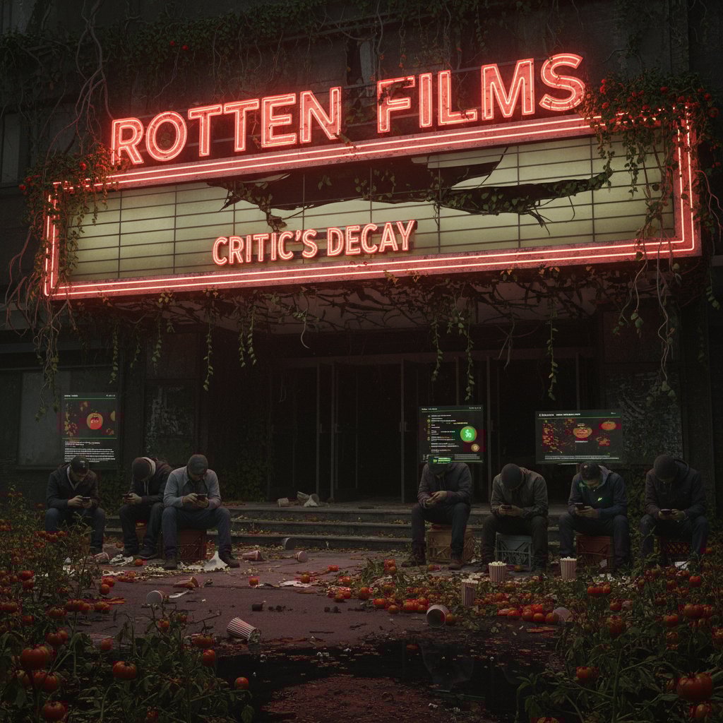 Edgy photo of moviegoers on their phones in a cinema, neon light, moody — rotten tomatoes movies, review culture