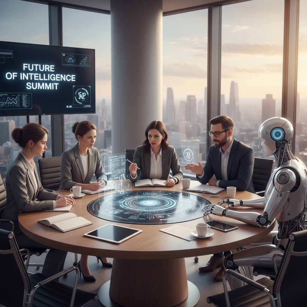 Dyskusja przy okrągłym stole: filozofowie, naukowcy i AI wymieniają poglądy, nowoczesne otoczenie