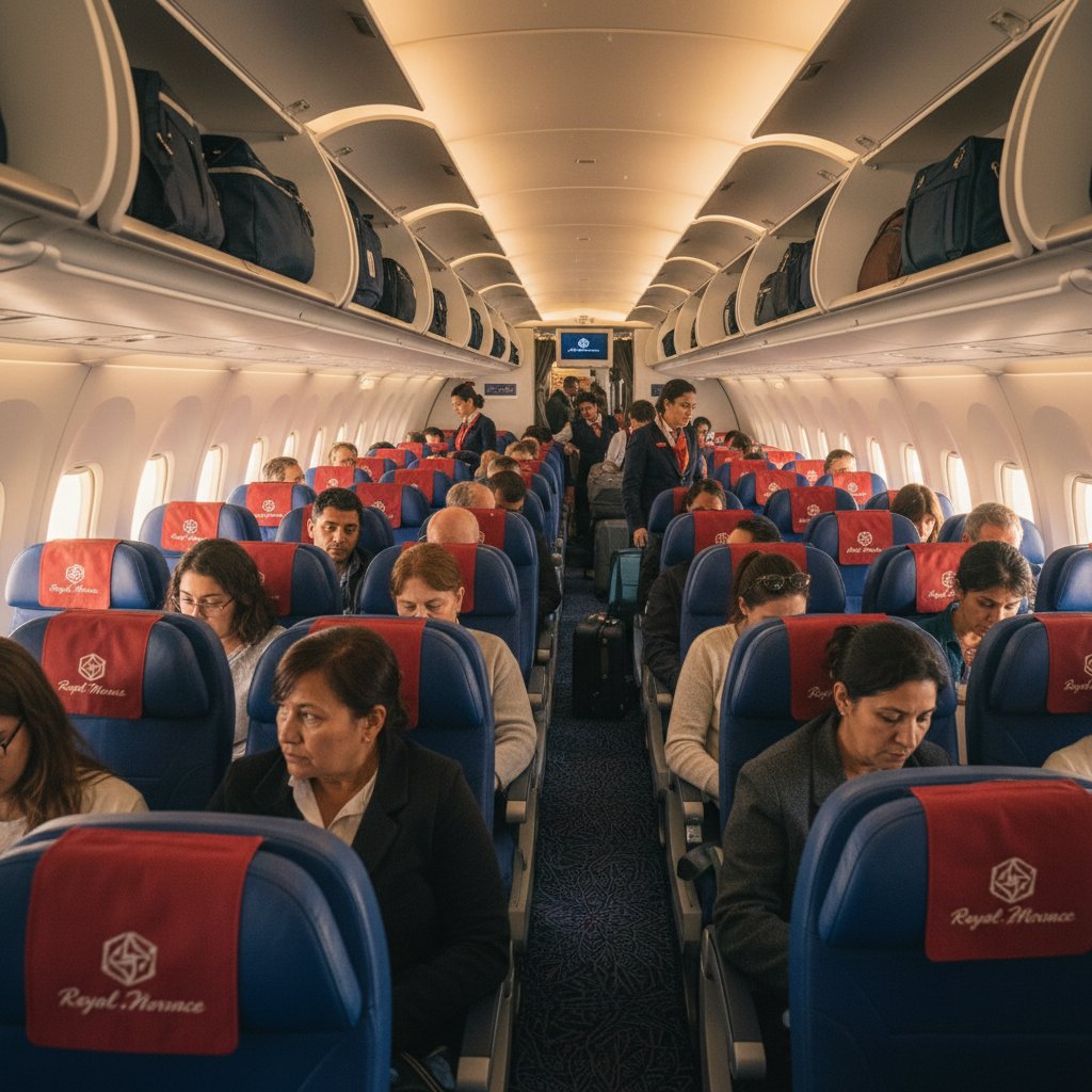 Passengers boarding Royal Air Maroc economy class, a diverse and lively scene that captures the airline’s authentic vibe