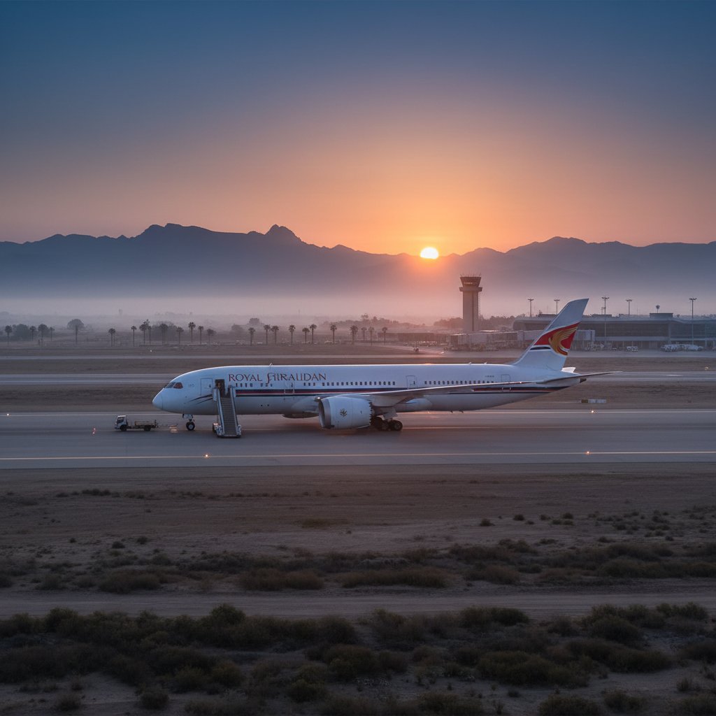 Royal Jordanian aircraft parked at a remote international airport, early morning light, hint of adventure