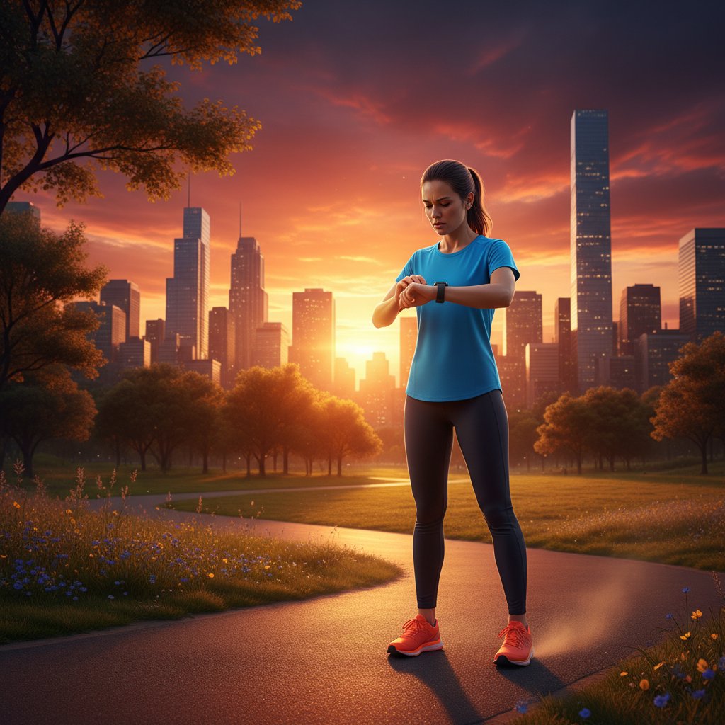 Biegaczka sprawdzająca zegarek podczas treningu na tle zachodu słońca w parku miejskim