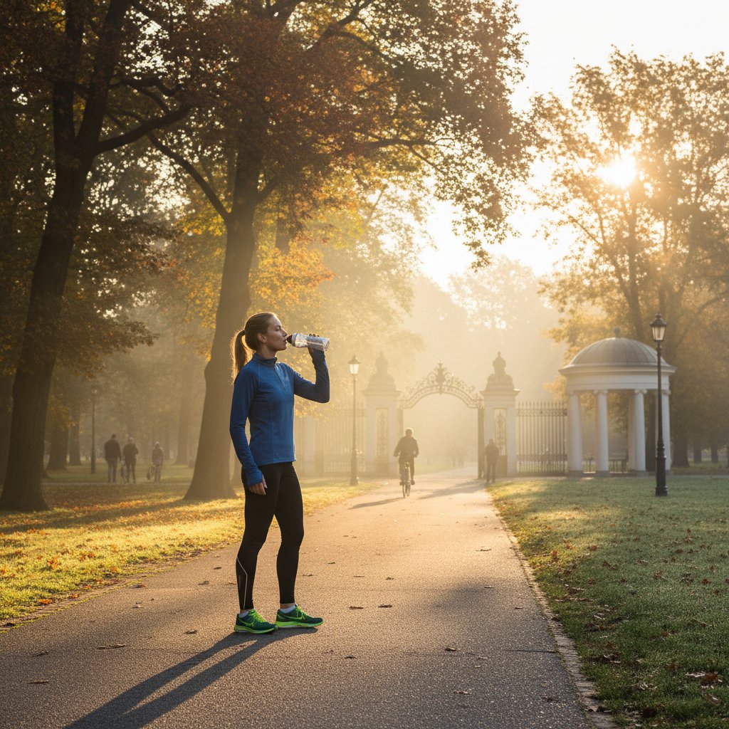 Biegacz pijący wodę wodorową w warszawskim parku o poranku