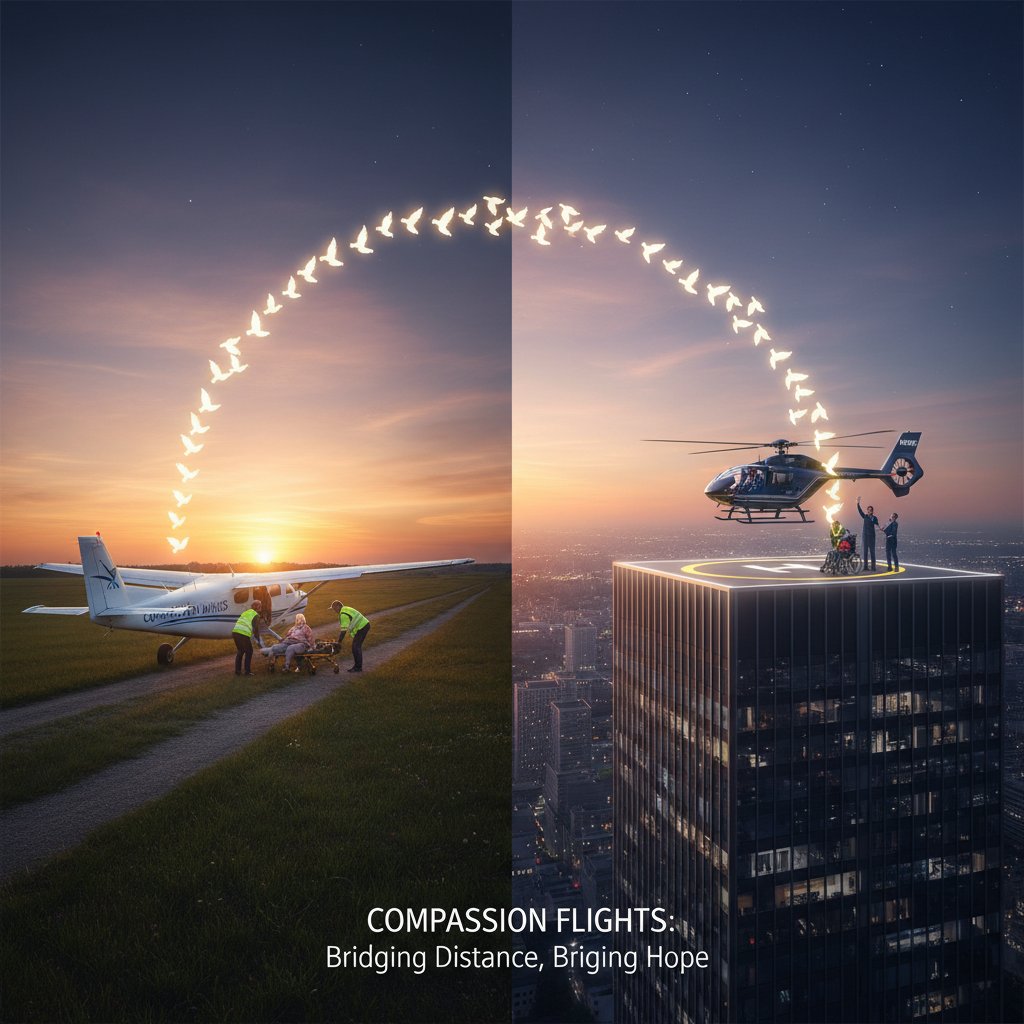 Contrast image of a rural airstrip and an urban helipad at dusk showing the disparity in urgent air rescue access