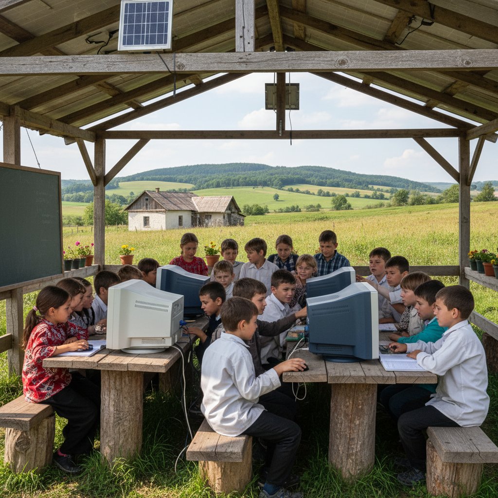 Wiejska klasa z uczniami wspólnie korzystającymi z komputerów do nauki funkcji matematycznych online