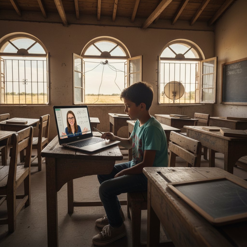 Kontrast między edukacją miejską a wiejską w kontekście korepetycji online – pusta klasa i uczeń przy komputerze