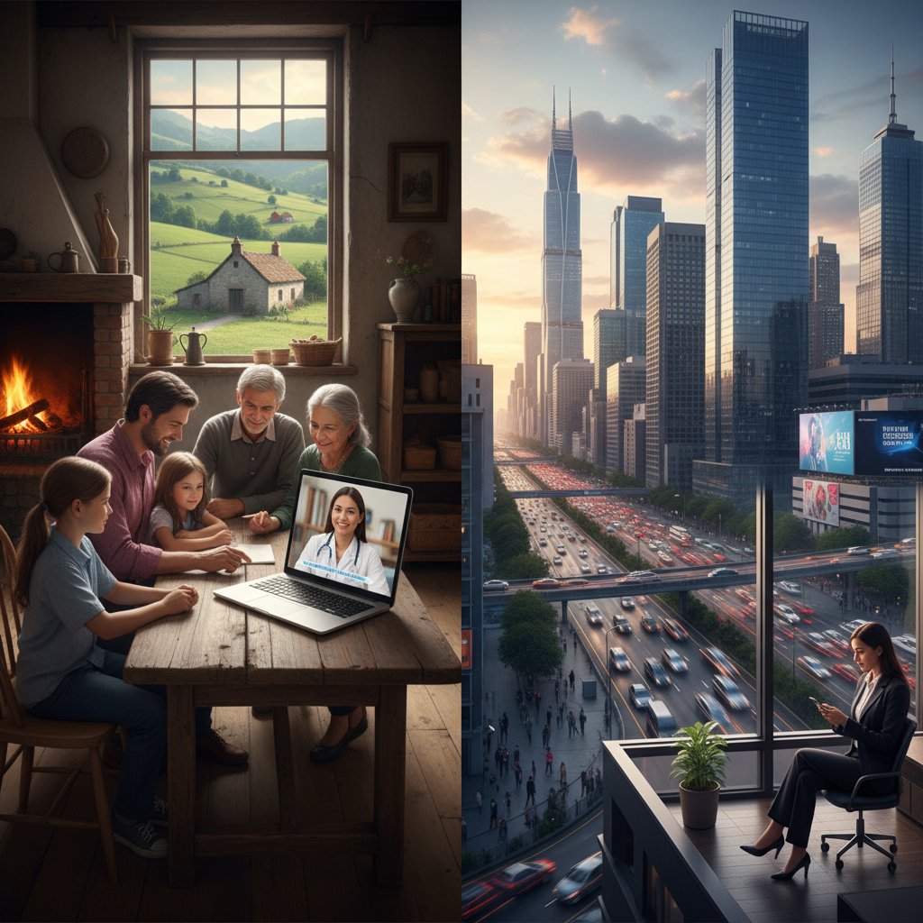 Wiejska rodzina próbująca połączyć się z lekarzem przez laptopa, skromne warunki, wyraźny kontrast z miejskim luksusem