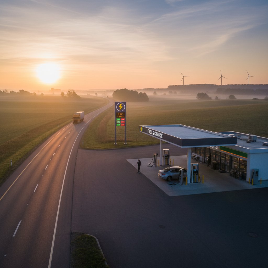 Rural highway scene with gas and EV options, showing accessibility challenges