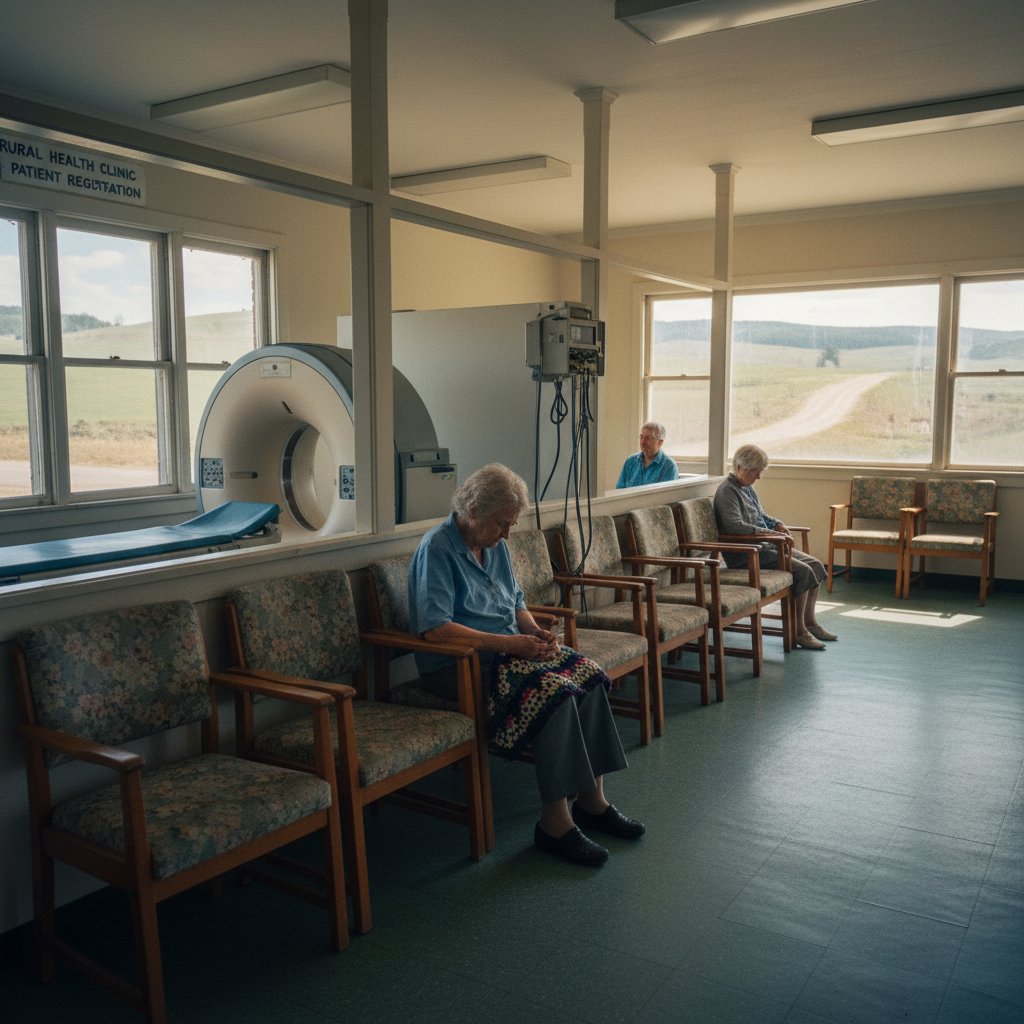 Stary szpital powiatowy, pusta poczekalnia, starsza kobieta czekająca na badanie