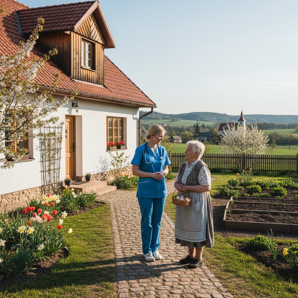 Pielęgniarka odwiedzająca pacjenta na wsi – opieka paliatywna poza miastem