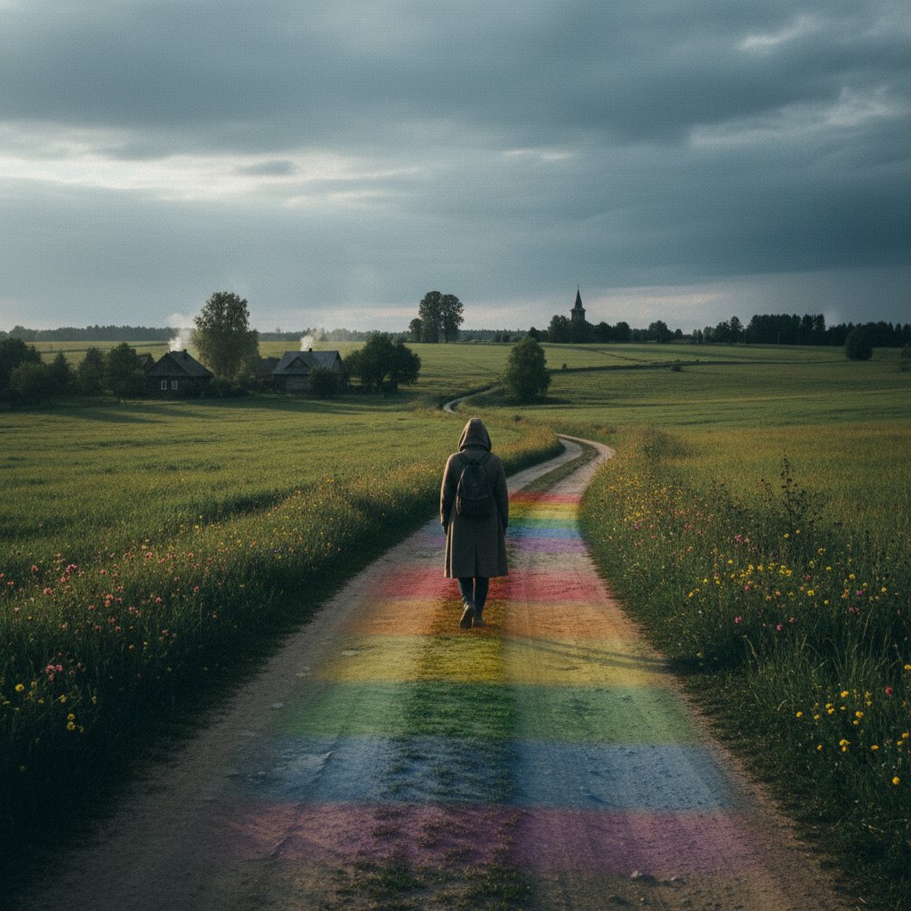 Doświadczenie osoby niebinarnej na polskiej wsi, symboliczne kolory pride, melancholijny klimat