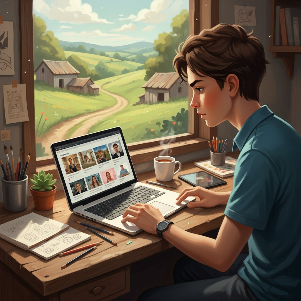 Uczeń z małej miejscowości tworzący portfolio na laptopie