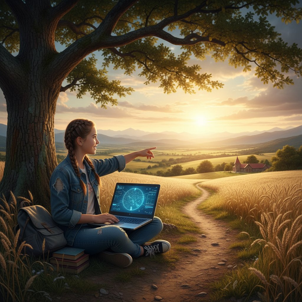 Uczeń z małego miasta uczy się biologii pod drzewem, laptop, nadzieja i rozwój