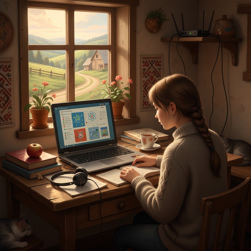Uczennica z małego miasta ucząca się fizyki online w domu