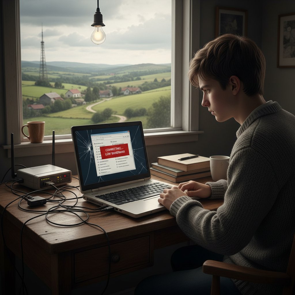 Student na wsi zmagający się z przestarzałym laptopem i słabym internetem podczas egzaminu zawodowego online