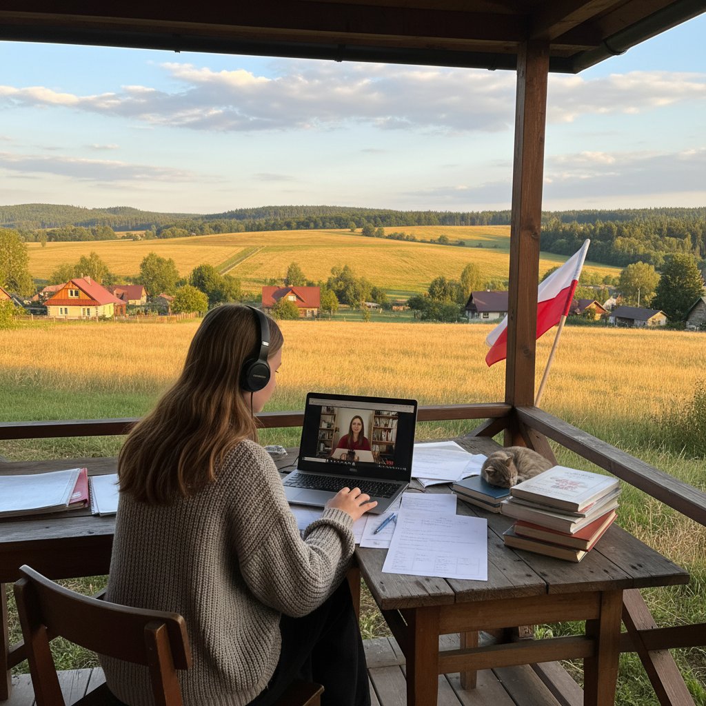 Uczennica z małego miasta podczas lekcji online na laptopie, wiejskie tło, atmosfera edukacji zdalnej