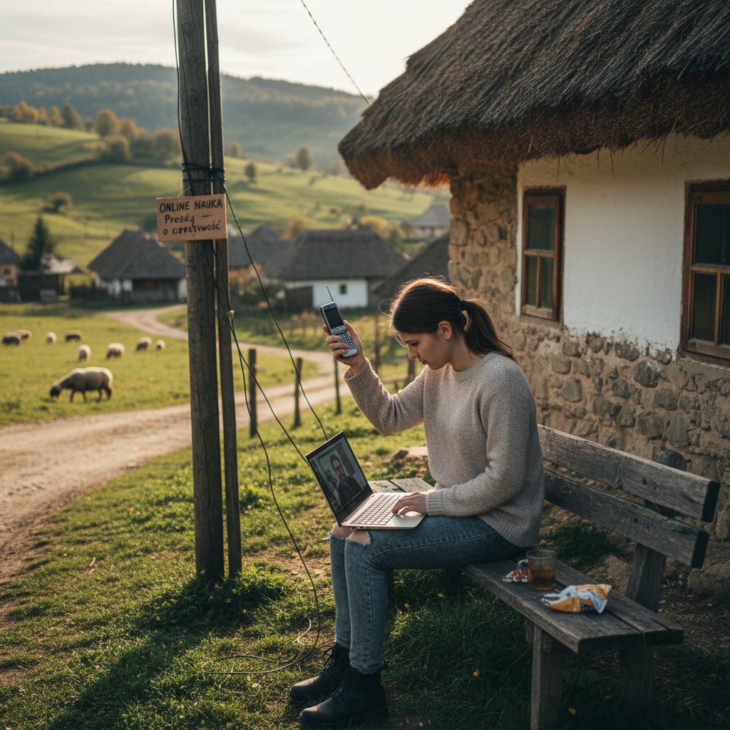Uczeń z małej miejscowości przed komputerem, słabe łącze internetowe, słowa kluczowe: wieś edukacja online