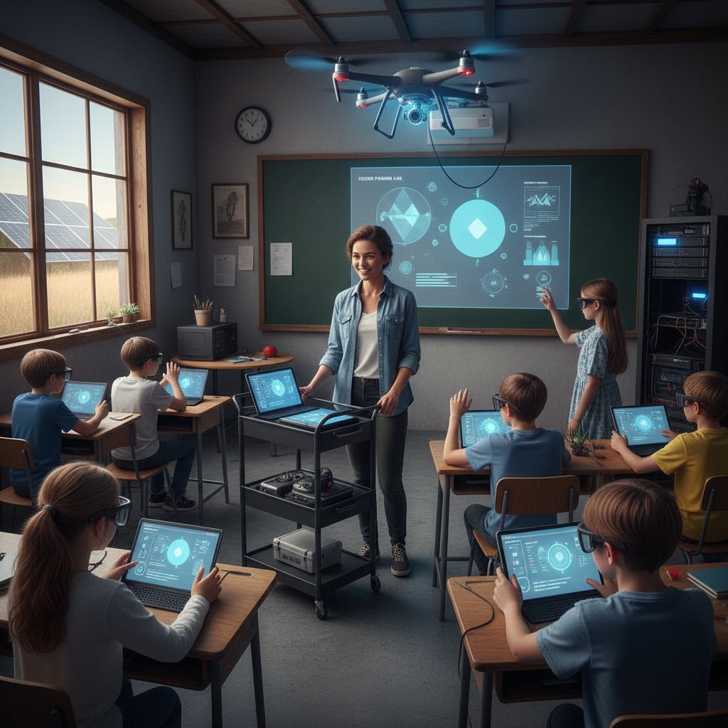 Wiejski nauczyciel z laptopem podczas eksperymentu z uczniami